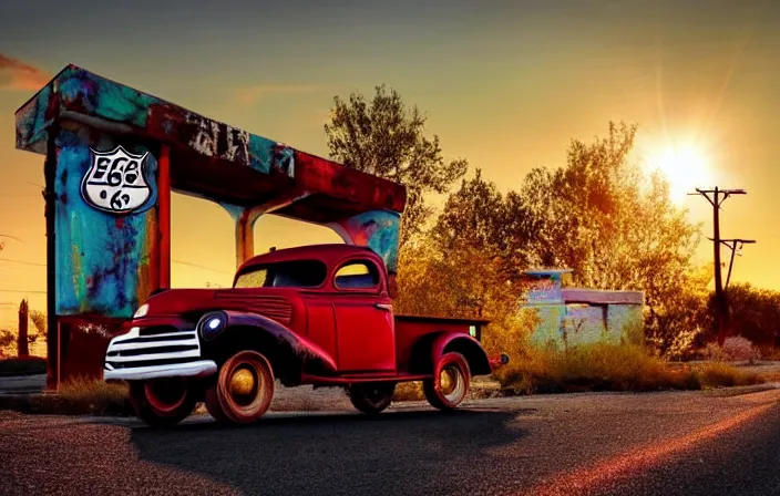 Image similar to A beautiful colorful evening scene of route66, old road with abandoned gas station and rusty old pickup truck, hyper realistic, blinding backlight evening sun, sparkling sun rays, epic scene, intense setting, evening vibe