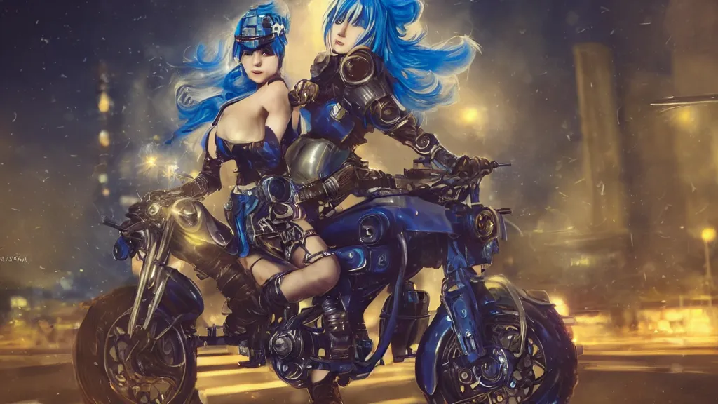 Image similar to cosplay blue haired, solo female character, light armour, miniskirt, riding steampunk motorcycle, in fantasy sci - fi city, night time, city lights, motion blur, final fantasy, cinematic, realistic, stylised, unreal engine, lumen, realistic, artgerm