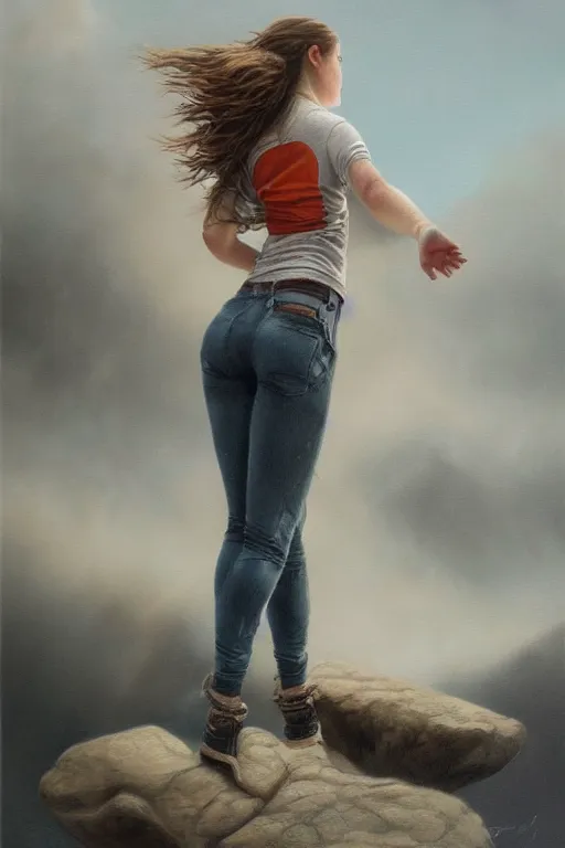 Prompt: a stunning ultra realistic fine art painting of a teenage female rock climber wearing jeans, by tom bagshaw, studio portrait, muted colors, detailed hair, 4K