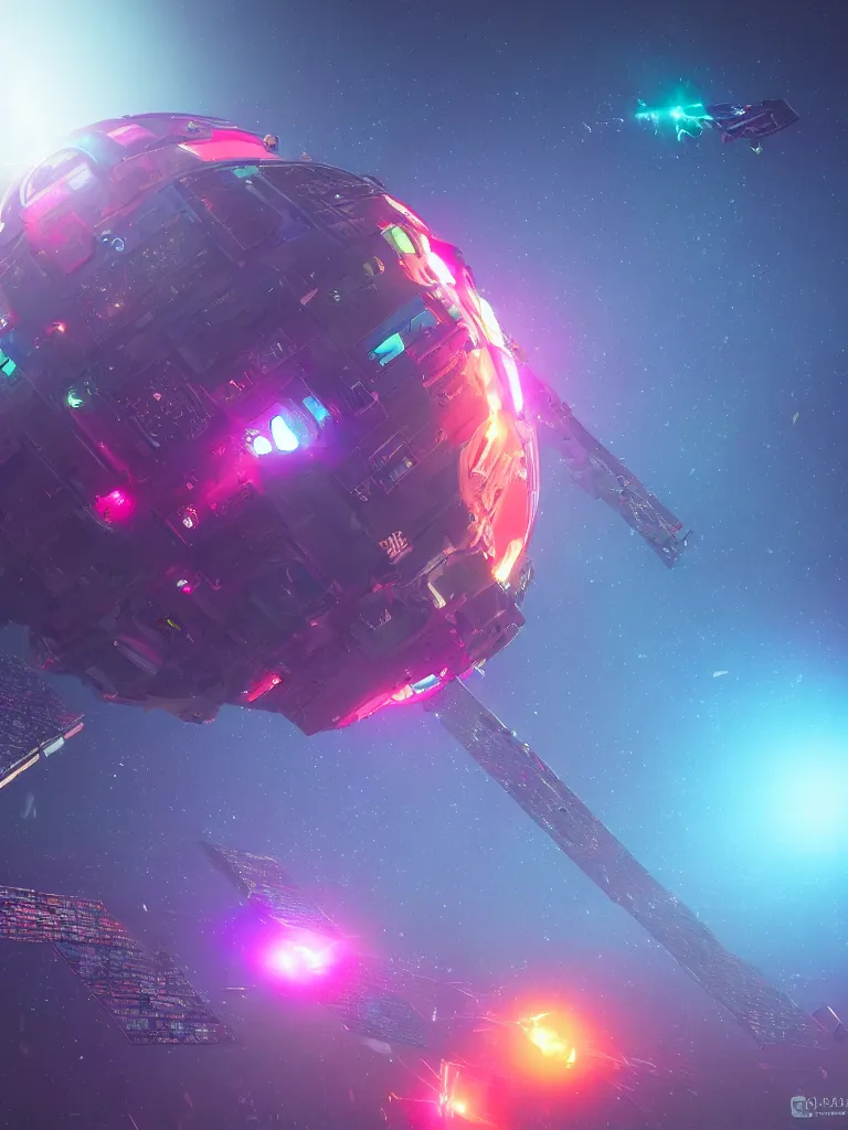 Image similar to satellite in space, cyberpunk, neon colors, trending on art station, photorealistic, unreal engine, 8 k