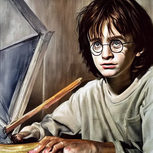 Prompt: young Harry Potter watching Harry Potter and the Deathly Hallows on old TV by Lucian Freud and Jenny Saville, oil painting, anatomically correct, beautiful perfect face, visible brushstrokes, sharp focus, Highly Detailed, Cinematic Lighting, 8k, HD