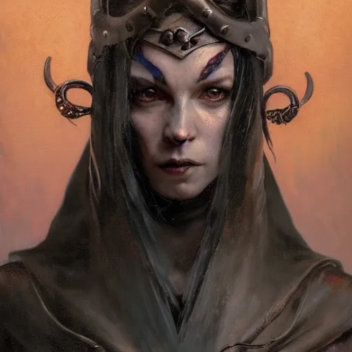 Image similar to portrait of a surly and resentful female tiefling thief with grit and small horns clothed in leather armor and a cloak, angry expression, by Greg Rutkowski and John Collier and Krenz Cushart and Artem Demura and Alphonse Mucha and Albert Aublet, as seen on ArtStation, 4k, dungeons and dragons, very aesthetic, very detailed, intricate, unreal, fantasy, dramatic, painterly, artstation, sharp focus, smooth