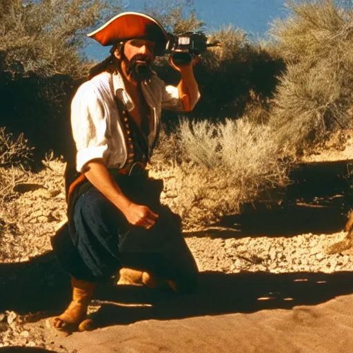 Prompt: a pirate, in the desert, film still, panavision panaflex