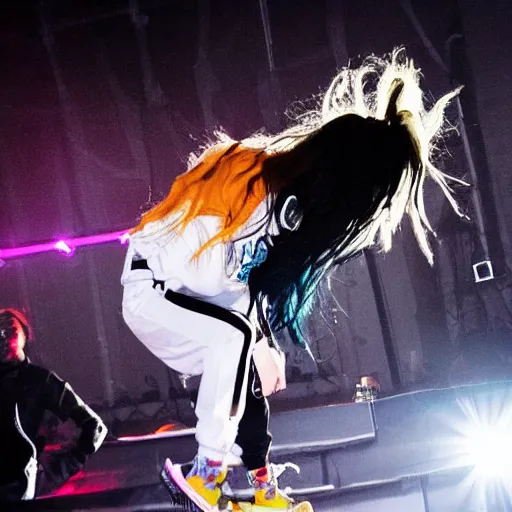 Image similar to photo of billie eilish with black hair jumping onto stage