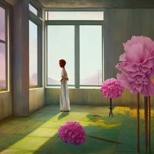 Image similar to giant carnation flower head, woman standing next to modern window in luxury loft, surreal photography, sunlight, impressionist painting, digital painting, artstation, simon stalenhag