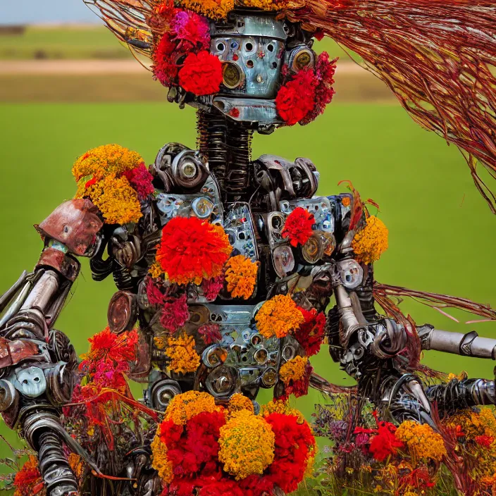 Image similar to closeup portrait of a rusted robot wearing a cloak made of zinnias and rainbows, in an empty field, by Annie Leibovitz and Steve McCurry, natural light, detailed face, CANON Eos C300, ƒ1.8, 35mm, 8K, medium-format print