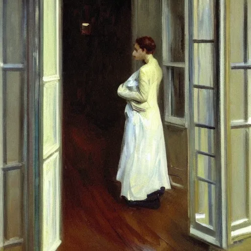 Prompt: a woman standing in front of a window, looking out at the rain, painting by John Singer Sargent