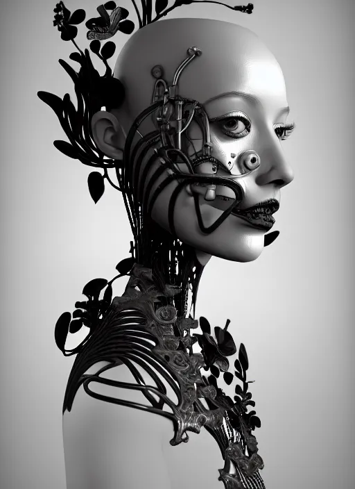 Image similar to monochrome 3 d model, biomechanical beautiful young female cyborg with porcelain profile face and a big floral eye, volumetric light, big leaves foliage and stems, hibiscus flowers, boho floral vines, sinuous fine roots, fine foliage lace, alexander mcqueen, rim light, gothic fashion pearl embroidered collar, steampunk, octane render, 8 k