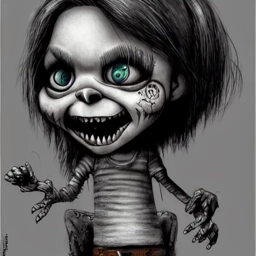 Image similar to grunge cartoon drawing of a cute chucky by - michael karcz , in the style of corpse bride, loony toons style, horror themed, detailed, elegant, intricate