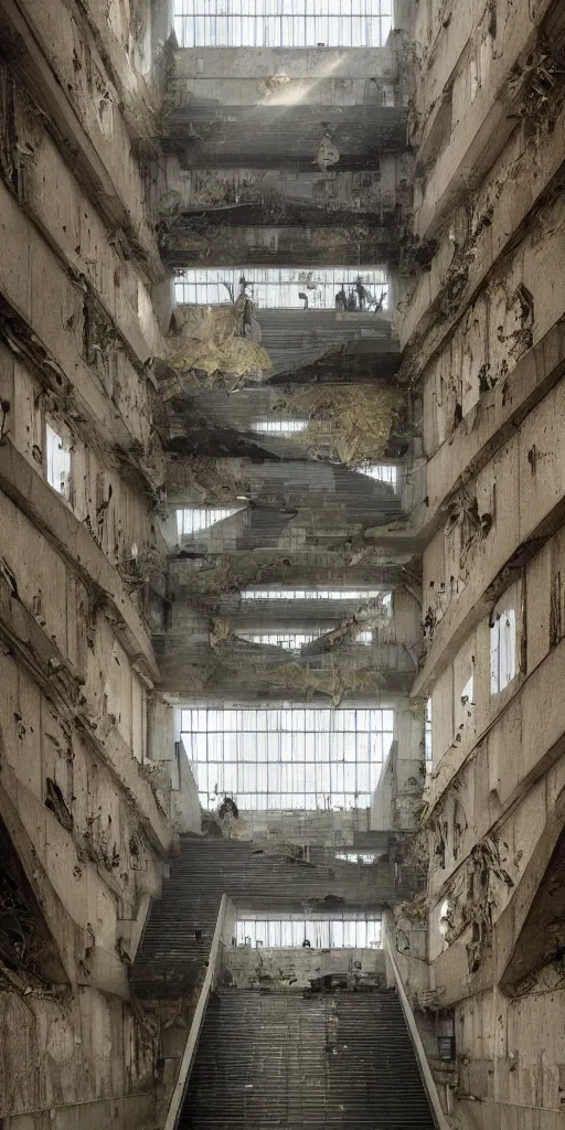 Image similar to i climb up on the endless stairs inside this decayed hitech brutalist building, rays of lights breaking through the holes in the walls, ruined litter, endless stairs going up, monumental, global illumination, by rhads and ferdinand knab and makoto shinkai and alphonse mucha