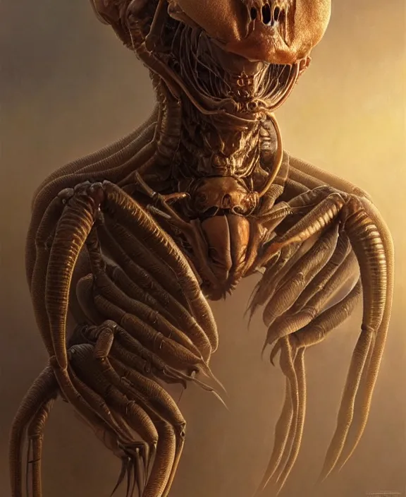 Prompt: intricate earth - toned portrait of a disturbing terrifying alien insect creature, mottling coloring, adorable, childlike, medical environment, ultra realistic, concept art, art nouveau, photorealistic, octane render, 8 k, unreal engine. art by christopher marley and artgerm and greg rutkowski and alphonse mucha