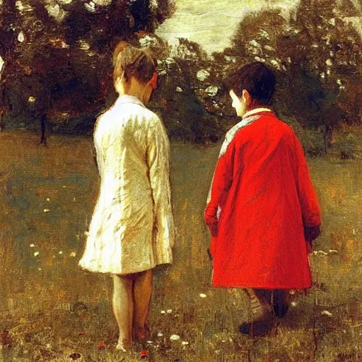 Prompt: red 🧥 ♀ in an adventure, by thomas eakins