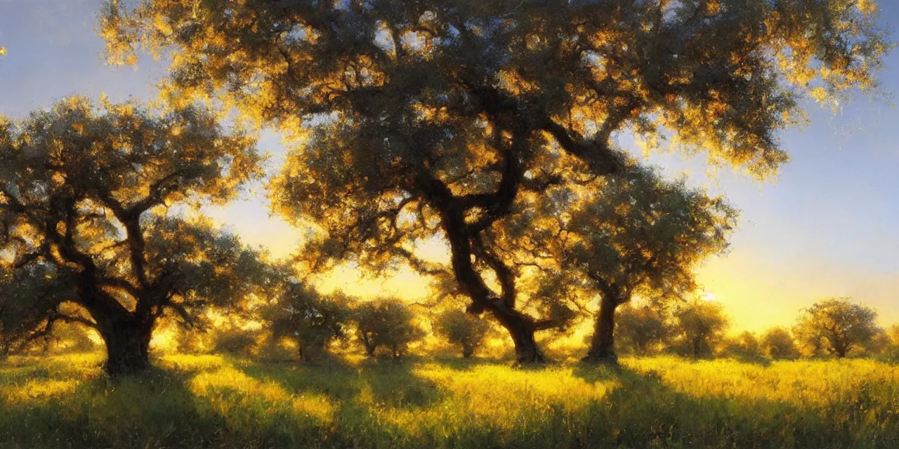 Image similar to a beautiful, stunning landscape with giant oak trees in spring during sunset by craig mullins