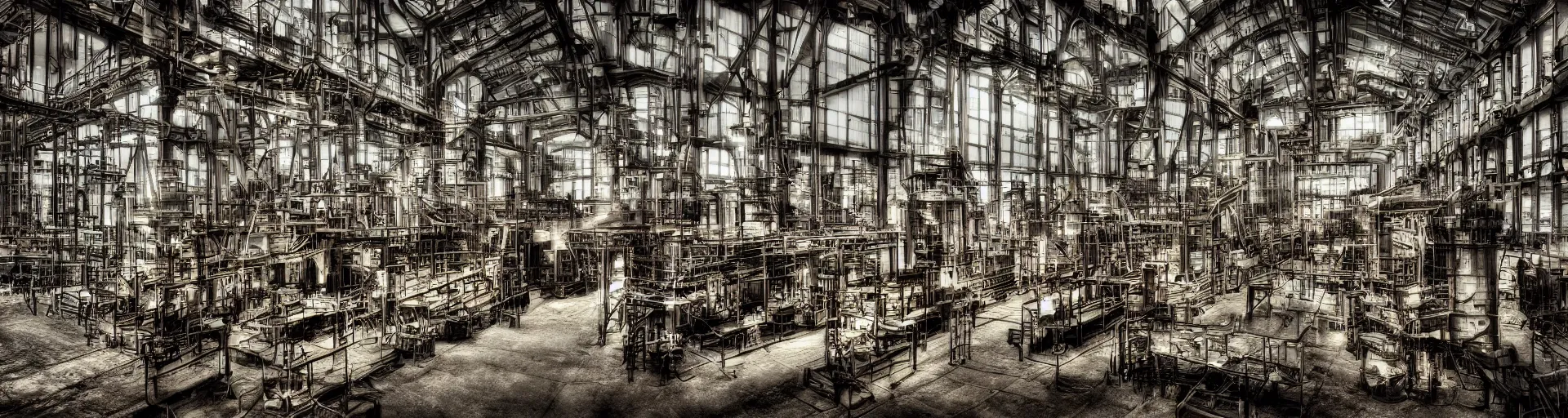 Prompt: an industrial age steam engine factory, color photography, digital art