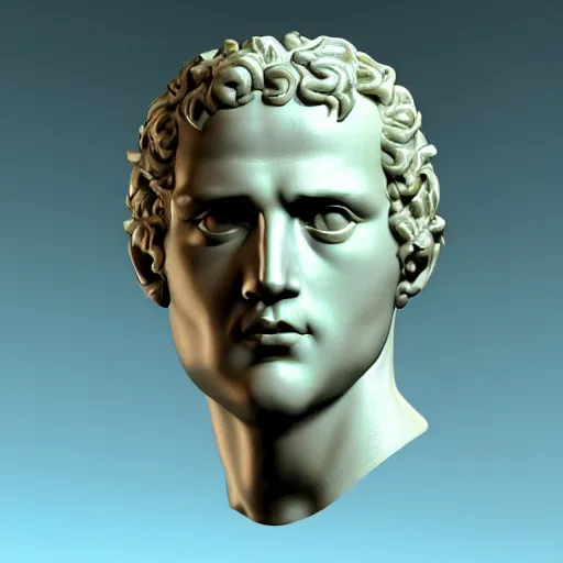 Image similar to head of a renaissance statue, huge neon ring, 3 d render