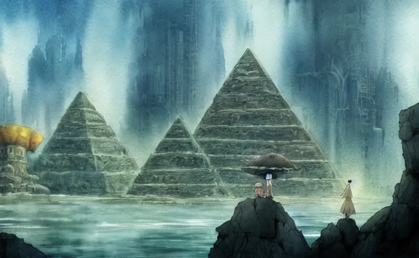 Prompt: a realistic and atmospheric watercolor concept art from howl's moving castle ( 2 0 0 4 ) of an egyptian pyramid complex underwater with jungle surrounding it. sci - fi white skyscrapers in the background. very dull muted colors, hd, 4 k, hq