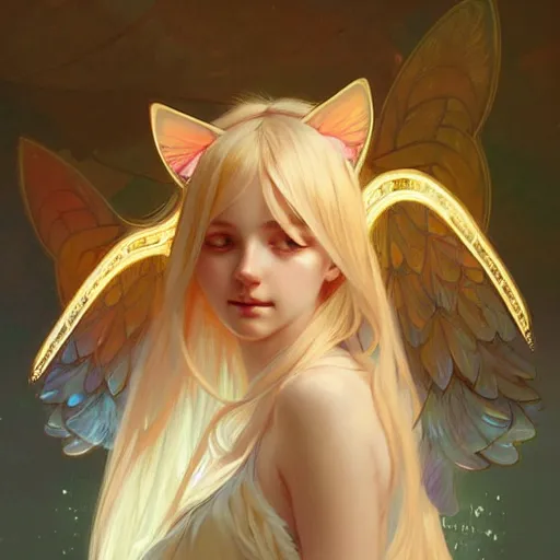 Image similar to A girl angel with blonde hair, cat ears, glowing halo, wings, fantasy, intricate, elegant, highly detailed, digital painting, artstation, concept art, smooth, sharp focus, illustration, art by Krenz Cushart and Artem Demura and alphonse mucha