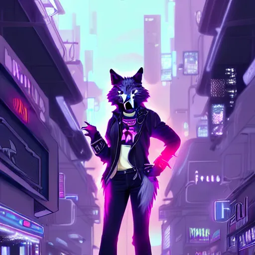 Prompt: beautiful furry art full body commission of an androgynous furry anthro wolf fursona wearing punk clothes in the streets of a cyberpunk city. neon signs. character design by charlie bowater, ross tran, artgerm, and makoto shinkai, detailed, inked, western comic book art