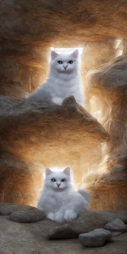 Prompt: white fluffy cat on a throne inside of slot canyons, colorful, behance contest winner, vanitas, angular, altermodern, unreal engine 5 highly rendered, global illumination, radiant light, detailed and intricate environment