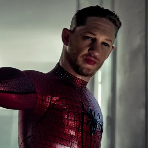 Image similar to film still of younger tom hardy as spiderman, 4k, photorealistic, hd, no mask