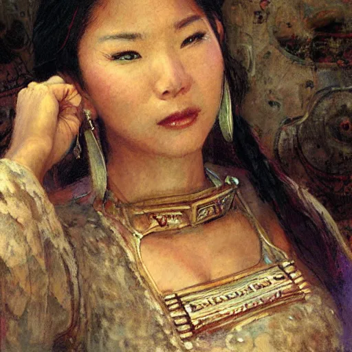 Prompt: a medieval carpenter, asian female, athletic, relaxing after work, candid, fantasy character portrait by gaston bussiere, craig mullins