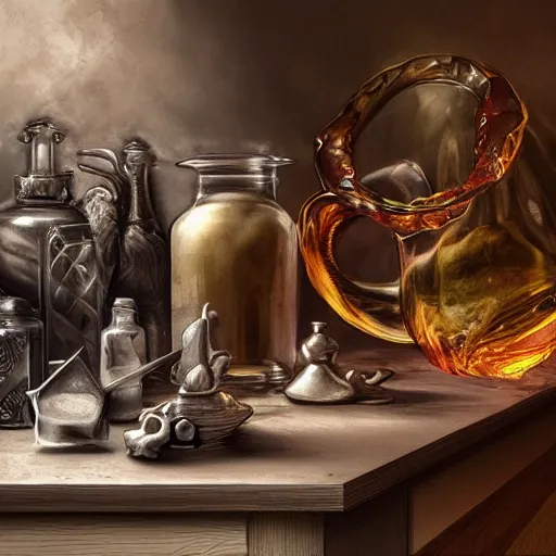 Image similar to hyper real, table, wizards laboratory, lisa parker, tony sart, mortar, pestle, scales with magic powder, energy flowing, magic book, beakers of colored liquid