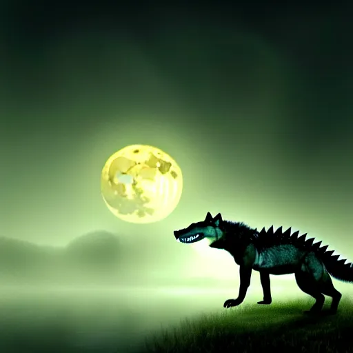 Prompt: Crocodile chimera prowling a fog covered swamp, snout and ears of a wolf, yellowish full moon