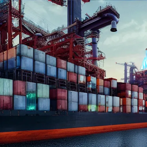 Image similar to photo of Immense industrial futuristic cargo ship arrives at cyber punk city sea port, cinematic lighting, photo