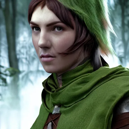 Prompt: anya charlota as a medieval fantasy tolkien elf, dark purplish hair tucked behind ears, wearing a green tunic with a fur lined collar and brown leather armor, wide, muscular build, scar across nose, one black, scaled arm, cinematic, character art, digital art, forest background, realistic. 8 k, 3 d render, detailed.