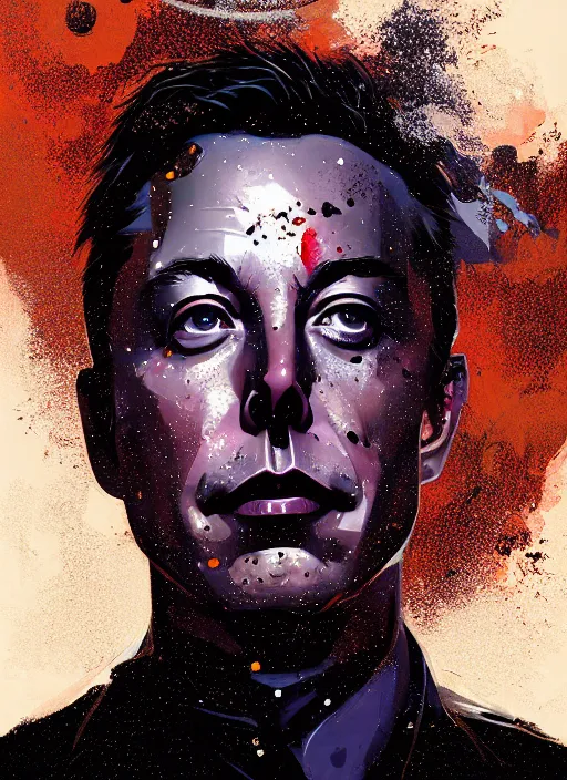 Image similar to Portrait of elon musk consumed by smoky water, stylized geometric explosion of splatter paint black gold sparkling, fantasy art by Greg Rutkowski, Loish, Rhads, Makoto Shinkai and Lois van baarle, ilya kuvshinov, rossdraws