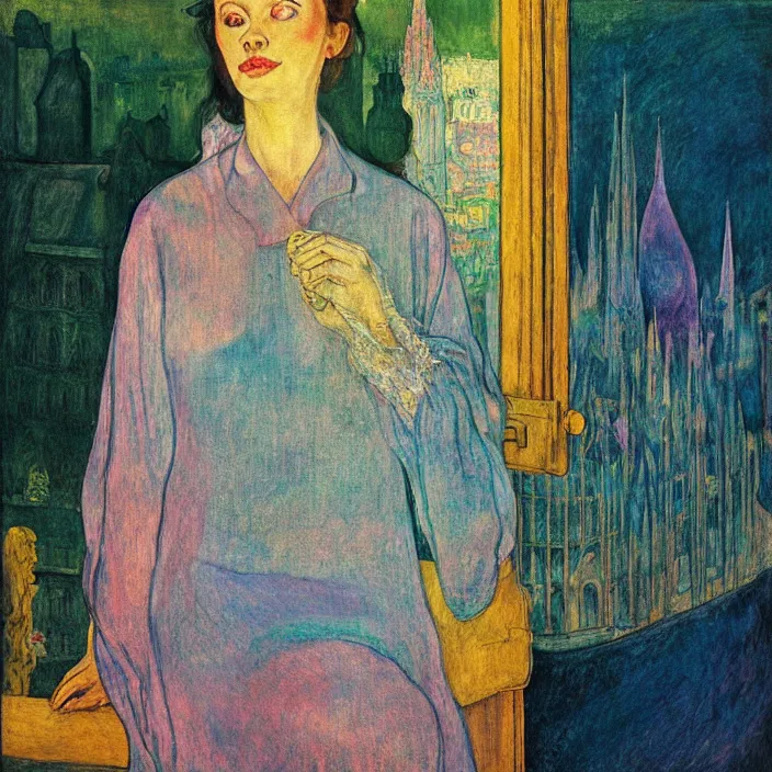 Prompt: close portrait of woman in transparent vaporous night gown with cat and aloe vera, with city with gothic cathedral seen from a window frame with curtains. sun through the clouds, vivid iridescent psichedelic colors. agnes pelton, egon schiele, munch, henri de toulouse - lautrec, utamaro, monet