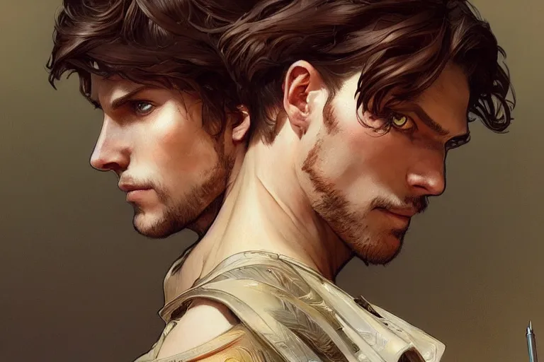 Prompt: handsome boy with brown hair, western, D&D, fantasy, intricate, elegant, highly detailed, digital painting, artstation, concept art, matte, sharp focus, illustration, art by Artgerm and Greg Rutkowski and Alphonse Mucha