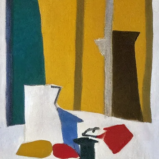 Prompt: a painting by ben nicholson in the style of ivon hitchens, table still life with cards. jug