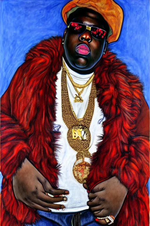 Image similar to full body!! a portrait of biggie smalls aka notorious b. i. g. wearing boho - chic style clothes, with a fur muffler and feathers, realistic painting in egon schiele style, masterpiece, hyperdetailed, complex, intricate, 4 k, hyperrealistic, trending on artstation