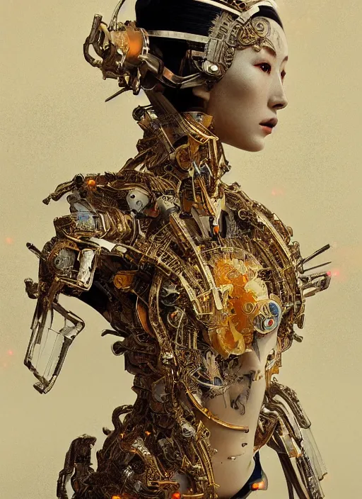 Image similar to portrait of a futuristic geisha cyborg, divine goddess, kintsugi, modern fine art, fractal, intricate, elegant, highly detailed, digital photography, subsurface scandering, by jheronimus bosch and greg rutkowski,