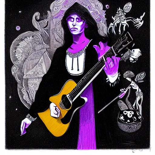 Image similar to black white purple painting on black paper, folkloric illustration , the guitar player , tarot by Andreas Rocha