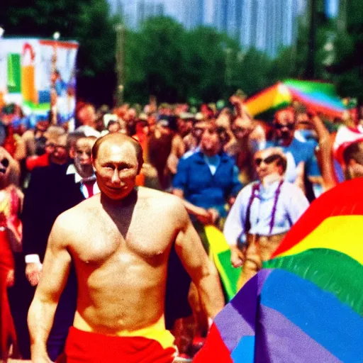 Prompt: putin dancing in a pride parade surrounded by large hairy men, film still, photography, high detail, 8 k, 4 k, focused