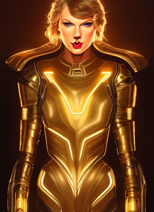 Prompt: symmetry!! portrait of taylor swift, gold sci - fi armour, tech wear, glowing lights!! sci - fi, intricate, elegant, highly detailed, digital painting, artstation, concept art, smooth, sharp focus, illustration, art by artgerm and greg rutkowski and alphonse mucha