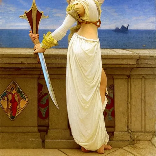 Image similar to A girl with jester clothes and a sword on the front of a Balustrade with a beach on the background, major arcana clothes, by paul delaroche, alphonse mucha and arnold böcklin arnold böcklin hyperrealistic 8k, very detailed