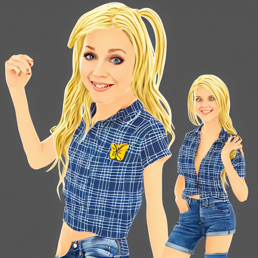 Prompt: cute young blonde girl wearing plaid and jean shorts, clip art, trending on artstation, 8 k,