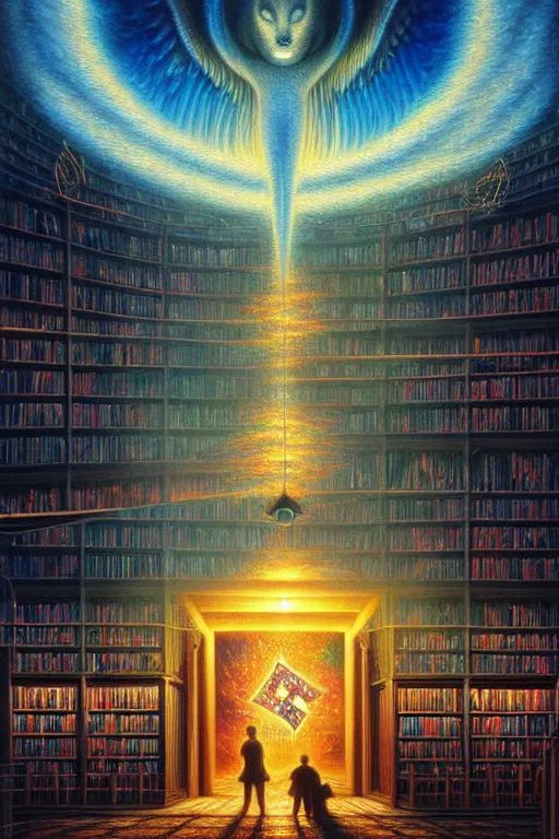 Prompt: a photorealistic detailed cinematic image of lost soul crossing in to the afterlife. sacred library of memories, met by friends and family, overjoyed, emotional by pinterest, david a. hardy, kinkade, lisa frank, wpa, public works mural, socialist