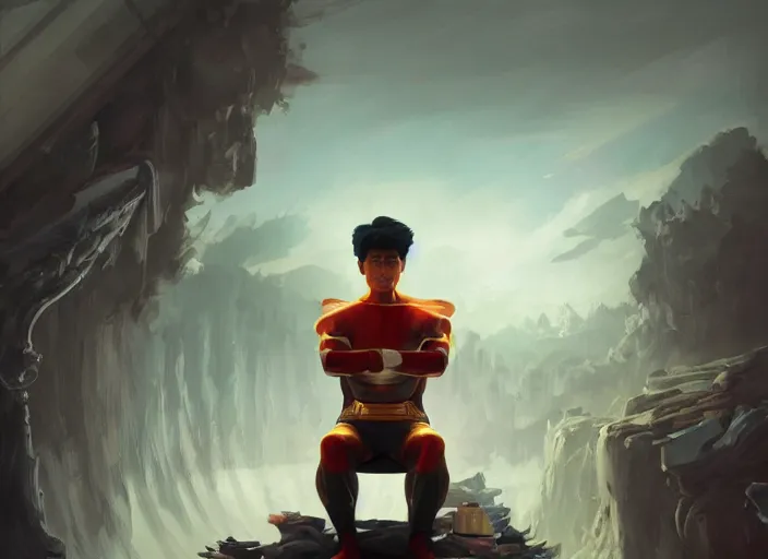 Image similar to an insanely detailed painting of an asian man wearing a homemade superhero costume, sitting at a desk, staring at the nervously at the computer and typing, in the style of peter mohrbacher, dramatic lighting and composition, surreal background, octane render, pixar, trending on artstation, concept art, comic book, view from behind