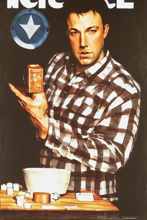 Image similar to sad ben affleck wearing checkered shirt and white cap, with a cigarettein mounth, and huge spanner, poster, by norman rockwell