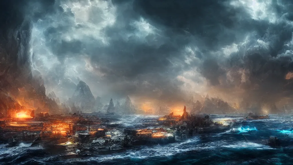 Image similar to a city in the middle of the ocean, roaring tempest, fantasy artwork, very very very beautiful scenery, hd, hdr, ue5, ue6, unreal engine 5, cinematic 4k wallpaper, 8k, ultra detailed, high resolution, artstation, award winning