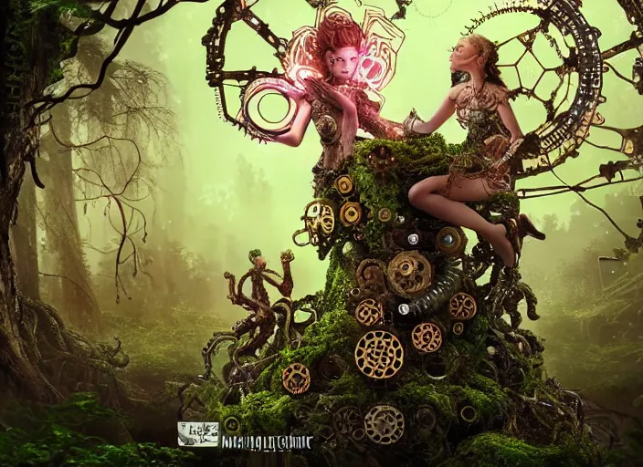 Image similar to intricate mechanical fairy with visible gears having tea with a cyborg gorgon medusa in a magical forest. Very detailed 8k. Fantasy cyberpunk horror. Sharp. Cinematic post-processing