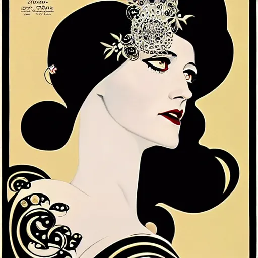 Image similar to black and white portrait of the young actress, eva green as queen of the emerald dead, comic art by joshua middleton, art by coles phillips, vamp, elegant, decadent, stylised comic art, klimt, mucha, 1 9 7 0 s poster,