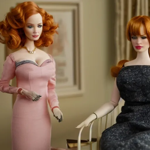 Image similar to amazing beautiful Christina Hendricks barbie doll in the living room, film still from the movie directed by Denis Villeneuve , wide lens