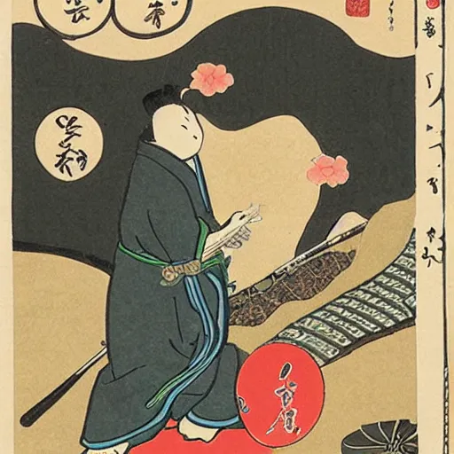 Image similar to Ukiyo-e of a samurai frog out walking his pet cat