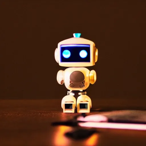 Image similar to a cute little robot sitting on a pen with a lit candle in the background by maxvanzwerg