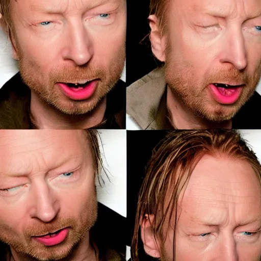 Image similar to photobooth prints of random thom yorke versions on a table, hyper realistic, many very random variations of thom yorke, various emotions, various poses, high quality photographs, mixed styles, intricate details, diverse